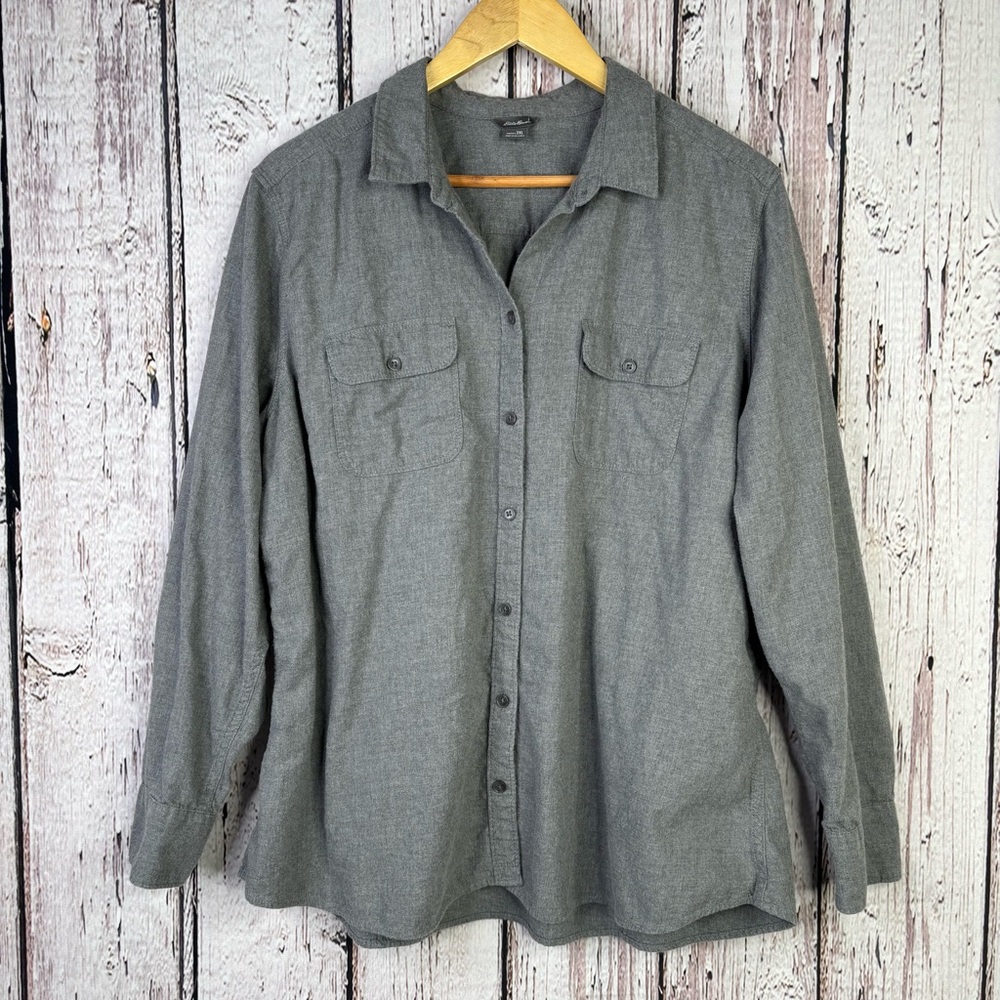 Eddie Bauer Women’s Size 2XL Cotton Flannel Button‎ Down Shirt Gray Grey in EUC!